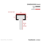 Dimensioned drawing in mm: 7.5mm carrier, 4mm tall with 1.5mm channel and a T blade 6mm to 27mm deep, 3M VHB tape