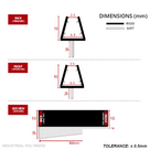 Three views of the tapered seal: hinge end 35mm fin, opposite end 25mm fin, 900mm side view