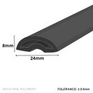 Dimensioned view of the black half-round threshold seal, 24mm wide and 8mm tall, hollow arch beneath