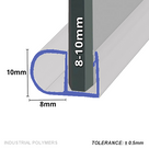 Seal outline traced in blue on an 8-10mm glass edge, side bubble marked 10mm tall by 8mm wide