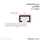 Dimensioned drawing in mm: 5mm carrier, 4mm tall with a 1.5mm channel, 19mm blade and 3M VHB tape along the top