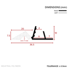 Dimensioned drawing in mm of the seal profile, 36.5 wide and 10 high, with a rigid and soft key and ±0.5mm tolerance