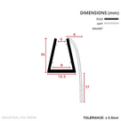 Cross-section: 19mm tall glass channel, 10.5mm wide, with a long 17mm curved blade off one side