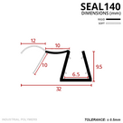 Cross-section: 32mm wide seal, 9.5mm glass channel beside a 12mm arched hood, 10mm deep