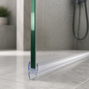 Close-up of the seal on a glass door edge, shower head and plant visible in the background