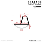 SEAL159 dimensioned drawing in mm: 10mm tall channel on a 12.5mm base with a curved 5mm underseal