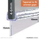 Seal outline traced in blue on a 4-6mm glass edge, fin tapering from 15mm down to 10mm