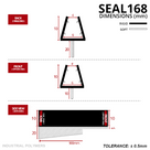 Three views of the tapered seal: hinge end 20mm fin, opposite end 10mm fin, 900mm side view