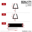 Three views of the tapered seal: hinge end 25mm fin, opposite end 15mm fin, 900mm side view