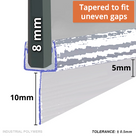Seal outline traced in blue on 8mm glass, fin tapering from 10mm down to 5mm along its length