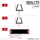 Three views of the tapered seal: hinge end 15mm fin, opposite end 5mm fin, 900mm side view