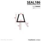 Diagram headed SEAL186 in mm: glass channel 4mm at the mouth, 6mm base, 10mm tall, 12mm drop fin, 8mm angled fin