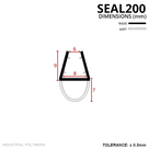 Diagram headed SEAL200 in mm: glass channel 6mm at the mouth, 8mm base, 9mm tall, over a 7mm U-shaped bulb
