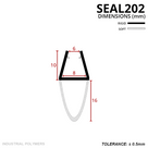 Diagram headed SEAL202 in mm: glass channel 6mm at the mouth, 8mm base, 10mm tall, over a 16mm teardrop bulb