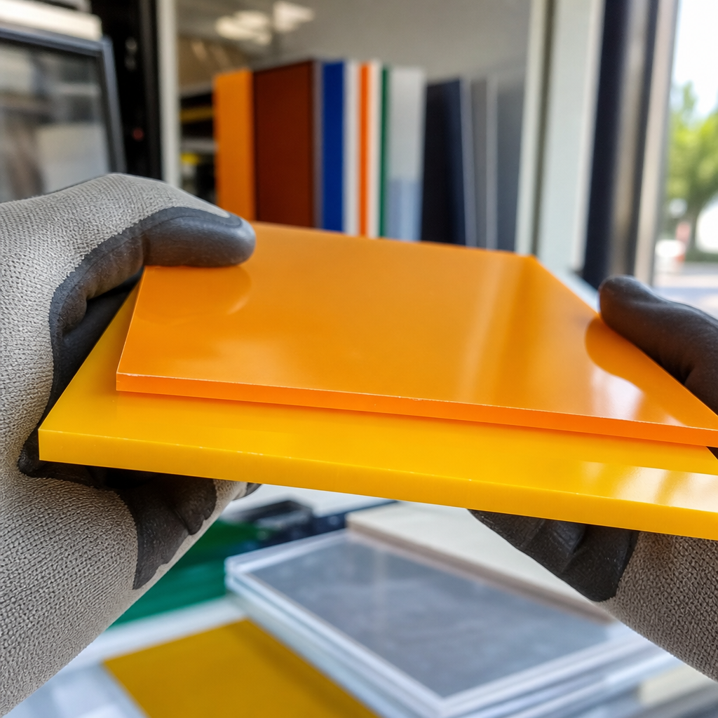 Gloved hands holding stacked gloss acrylic sheets, orange over yellow, samples behind