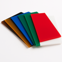 Fan of gloss opaque acrylic sheets on white in bronze, black, blue, two greens, red and white
