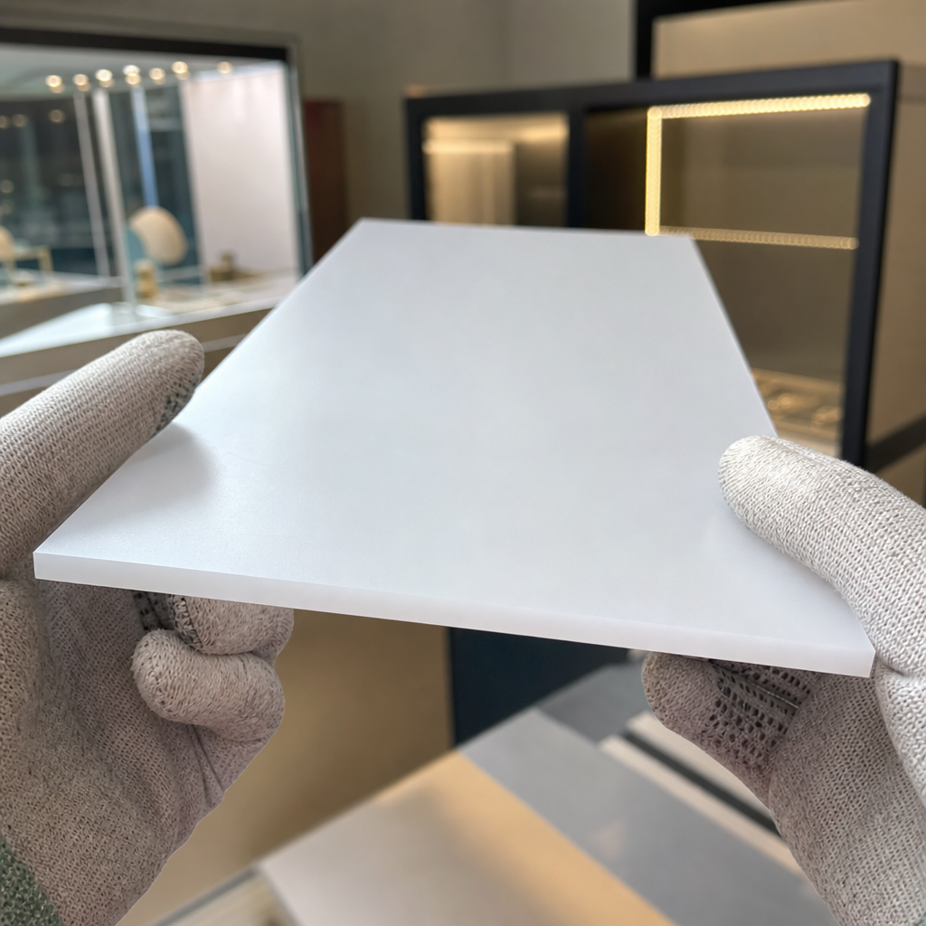 Gloved hands holding a milky white opal acrylic panel by its edges, mirrored shop fittings behind