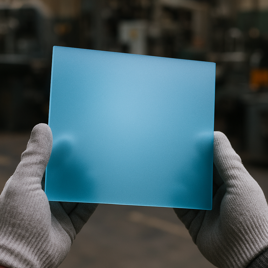 Gloved hands holding a frosted light blue acrylic square, blurred workshop machinery behind