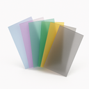 Six frosted acrylic sheets fanned upright on white in blue, lilac, teal, green, yellow and grey