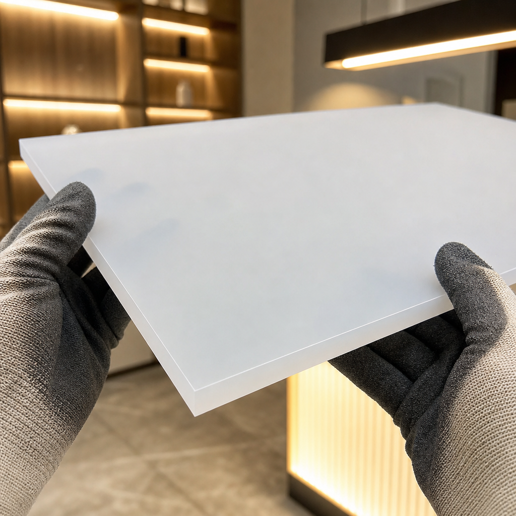 White opal acrylic sheet held by gloved hands in a retail interior