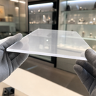 Grey-gloved hands holding a hazy matt anti-glare acrylic sheet before lit glass display cabinets