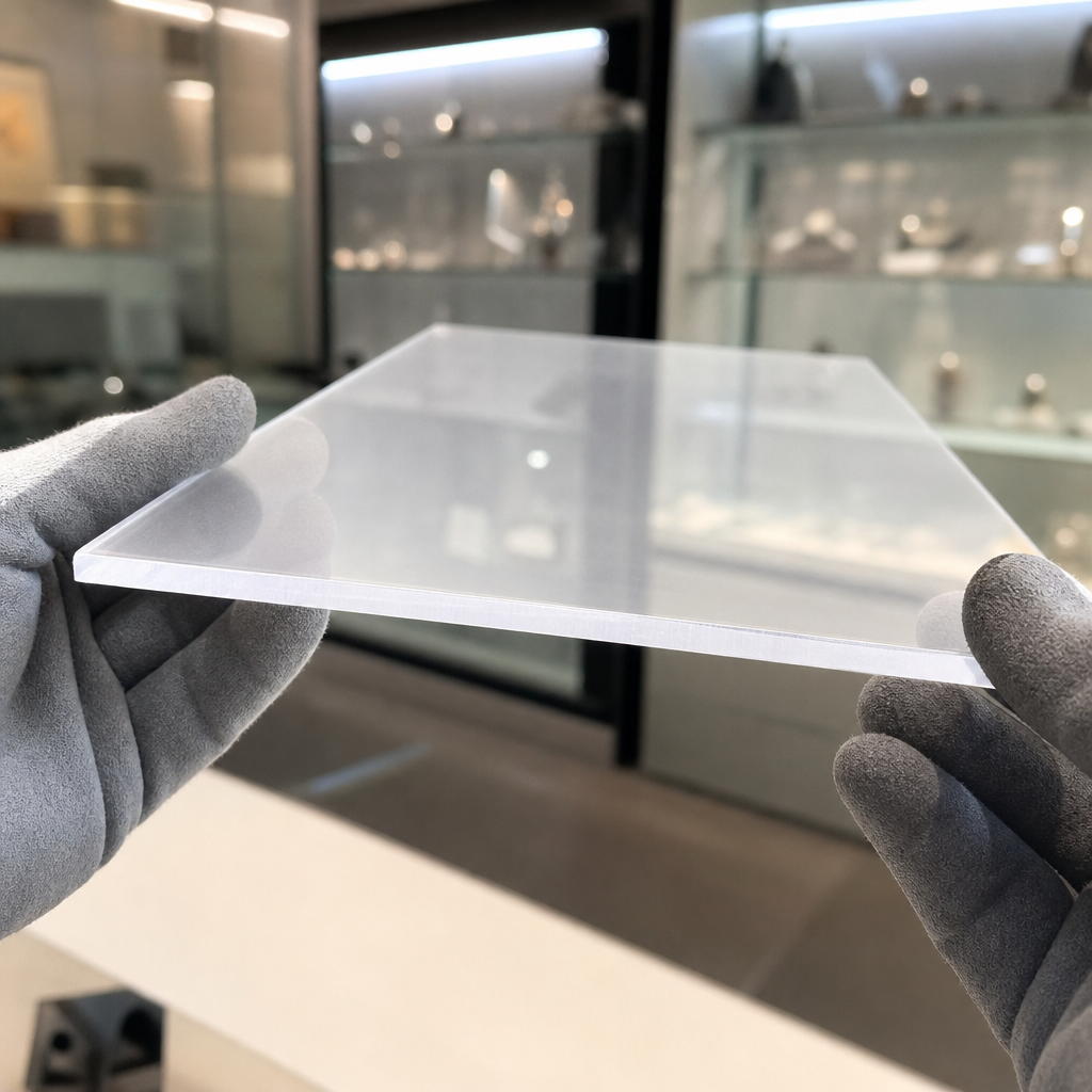 Grey-gloved hands holding a hazy matt anti-glare acrylic sheet before lit glass display cabinets