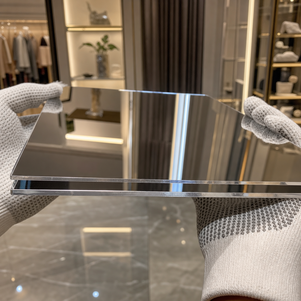 White-gloved hands holding two silver acrylic mirror panels edge-on in a bright shop