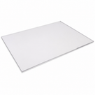 Colourless clear acrylic glazing sheet laid flat on white, thin bright polished edge tracing the near side