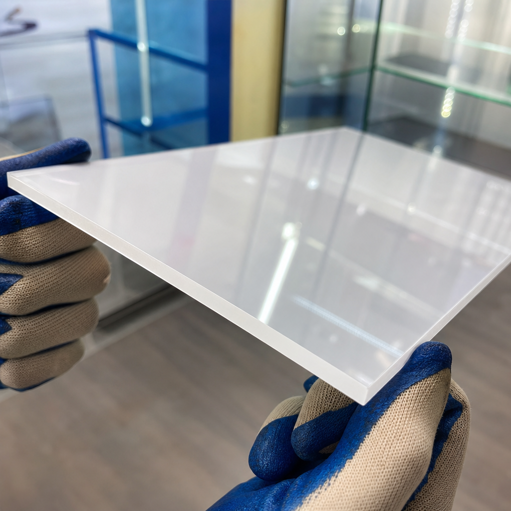 Blue-palmed work gloves holding a clear acrylic sheet edge-on, glass shelving behind