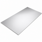 Wide silver mirrored acrylic panel lying at an angle on plain white, clean square-cut edges catching the light