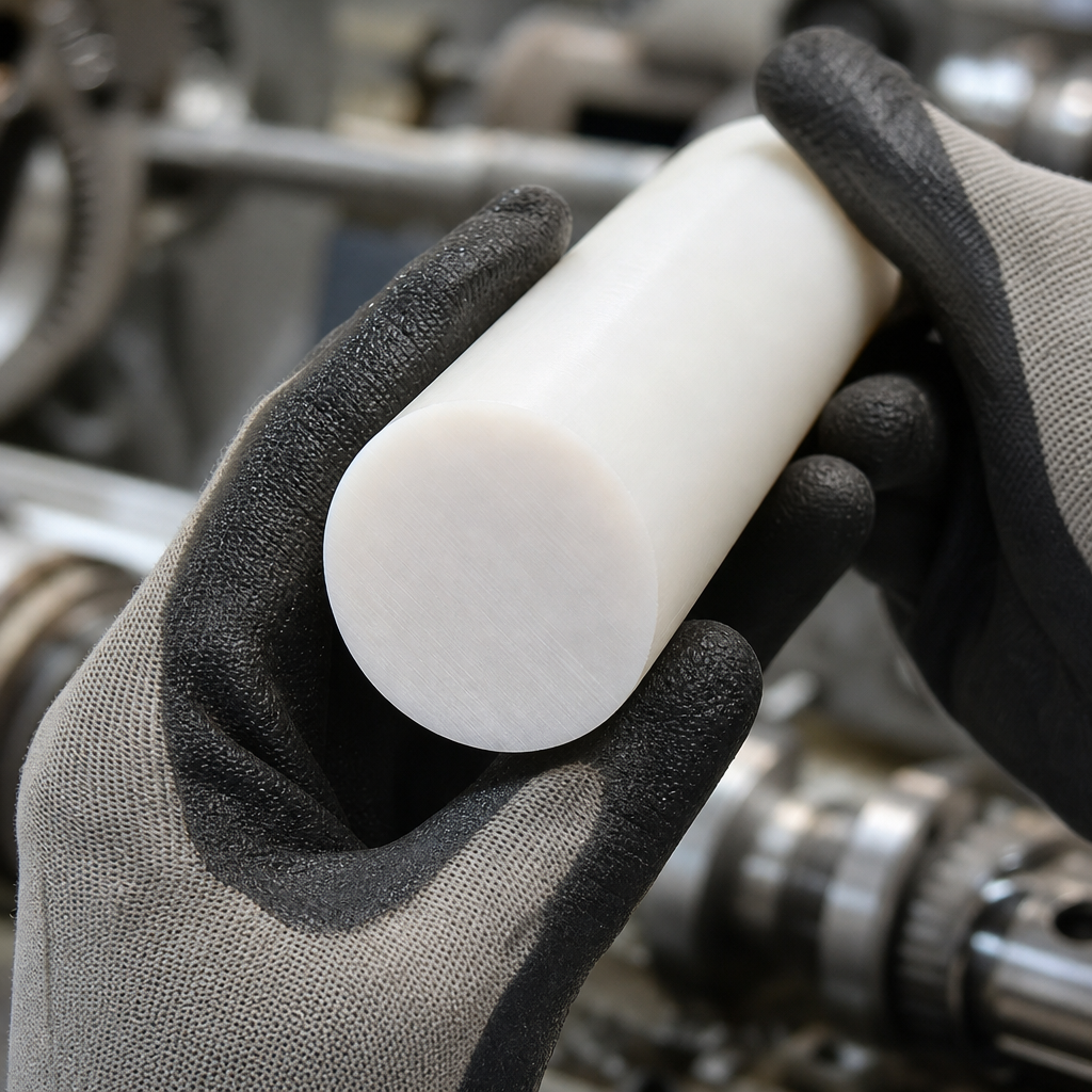 Gloved hands holding a slim white acetal rod, gears and machinery blurred behind