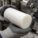 Grey-gloved hands holding a white acetal billet in front of a lathe chuck and swarf