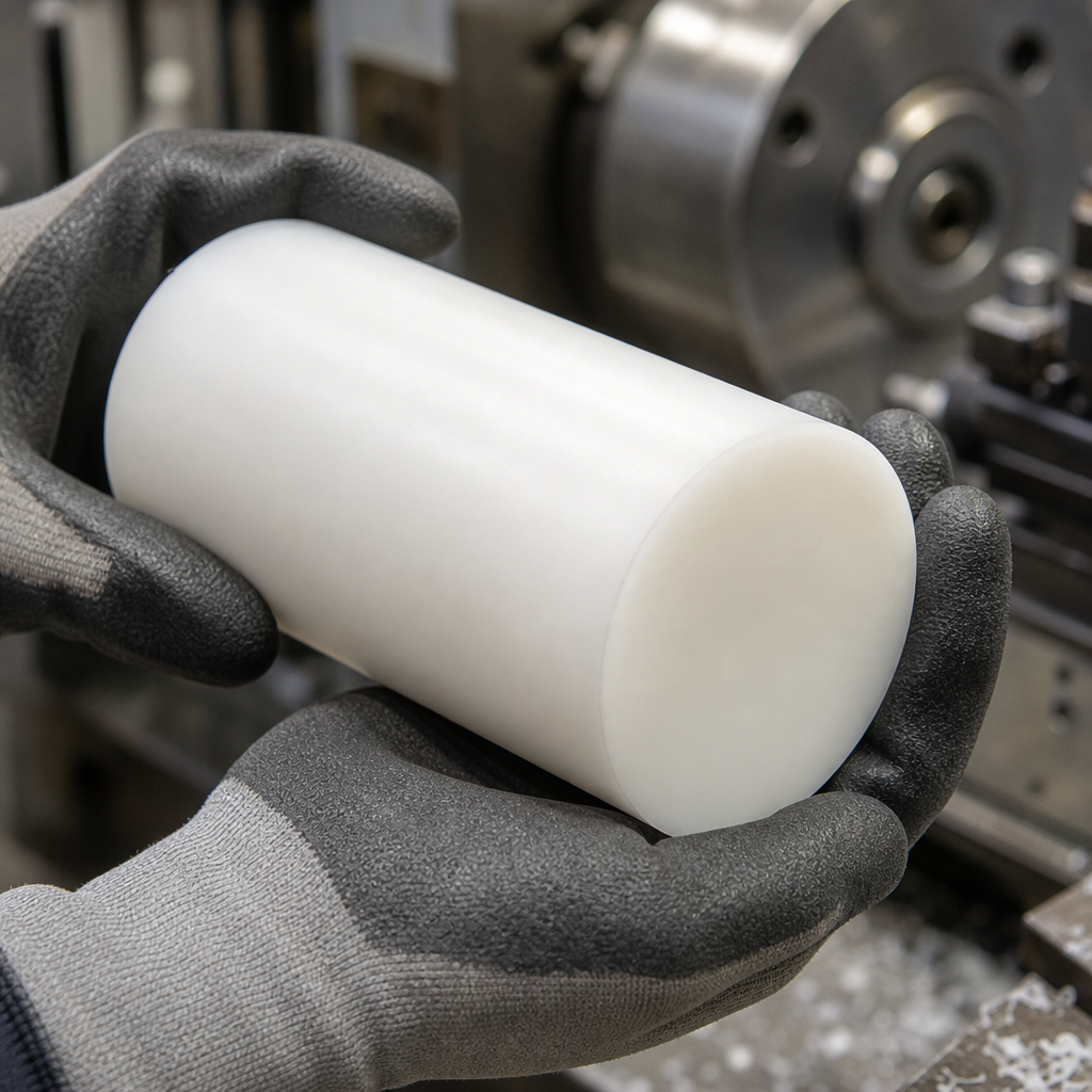Grey-gloved hands holding a white acetal billet in front of a lathe chuck and swarf