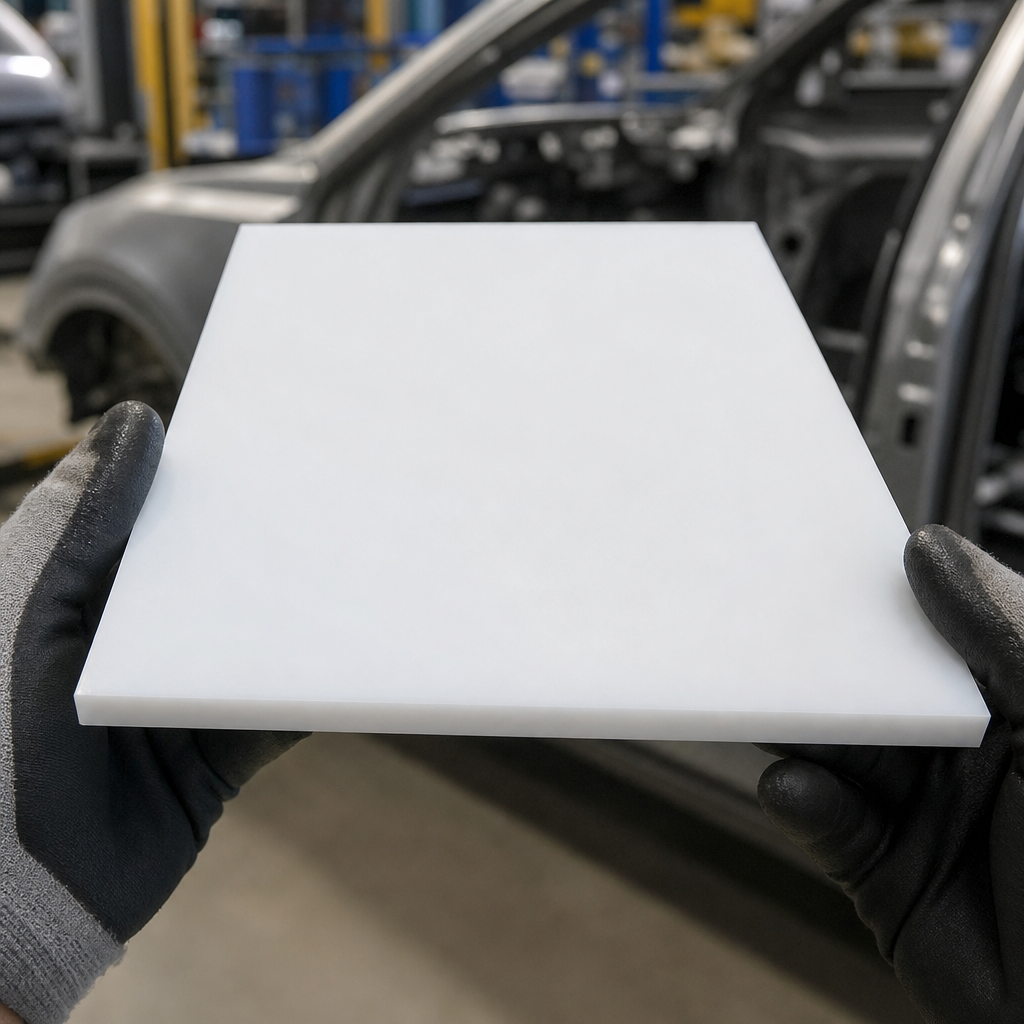 Grey-gloved hands holding a thin white acetal panel in a vehicle workshop, car body shells behind