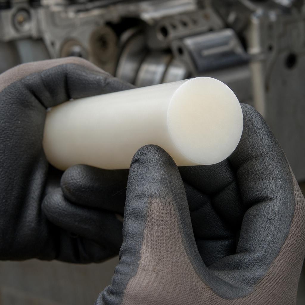 Small natural cream acetal rod held between dark gloved fingers, round end face in front of machinery
