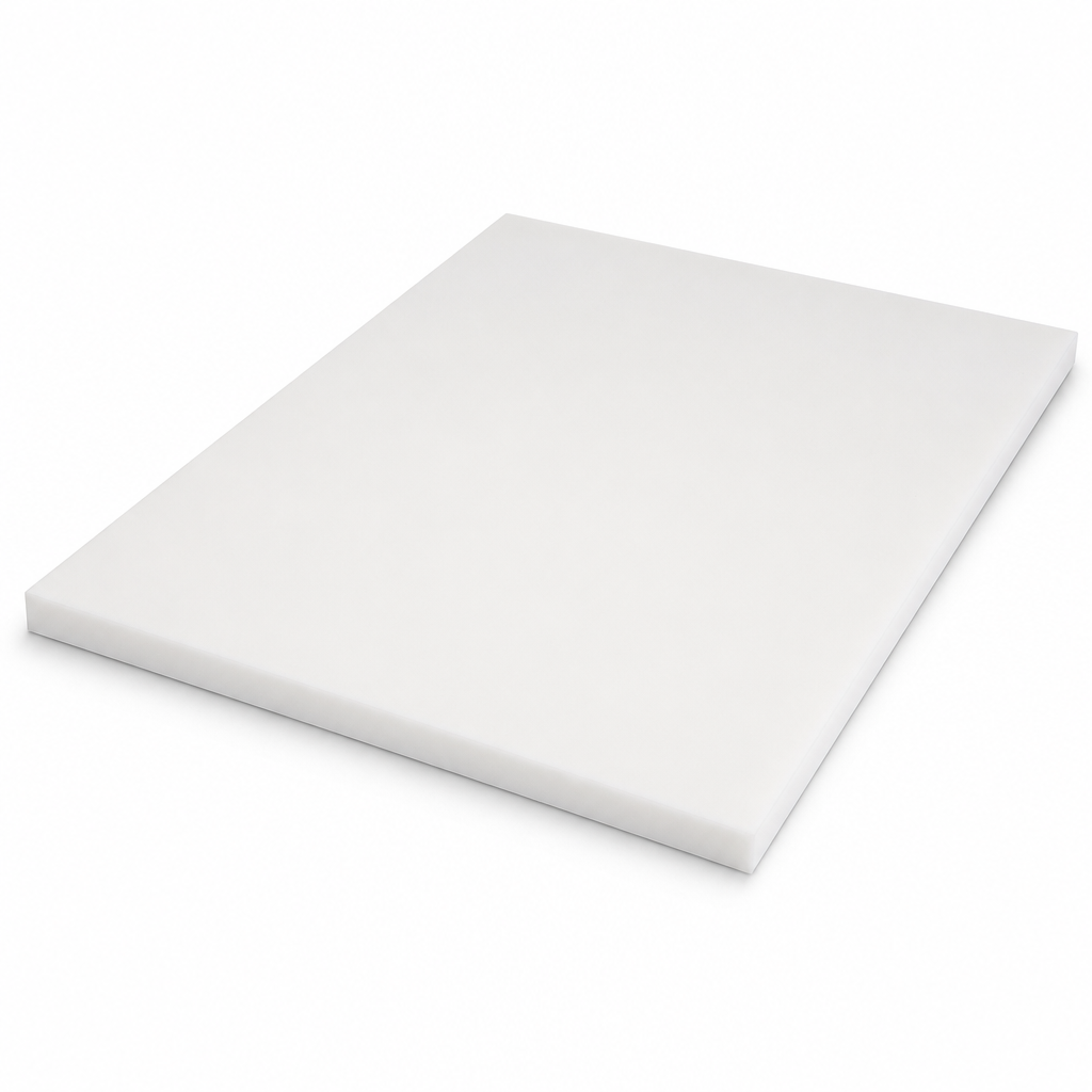 Rectangular natural-white acetal plate flat on a white background, matt face and clean sawn edges