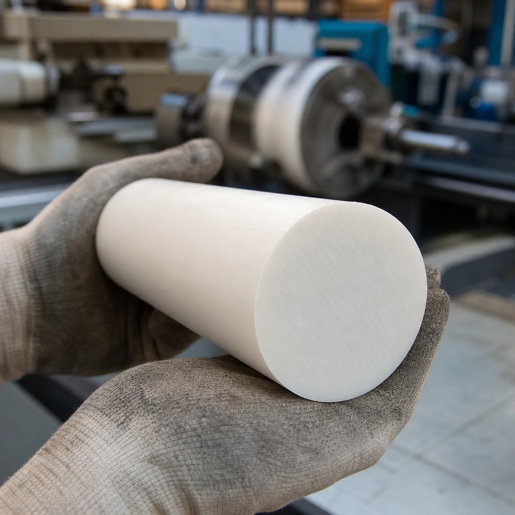 Gloved hands cradling a large cream-white acetal billet, lathe blurred behind in the workshop