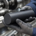Grey-gloved hands holding a matt charcoal nylon rod, machine shafts blurred behind