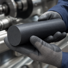 Grey-gloved hands holding a matt charcoal nylon rod, machine shafts blurred behind