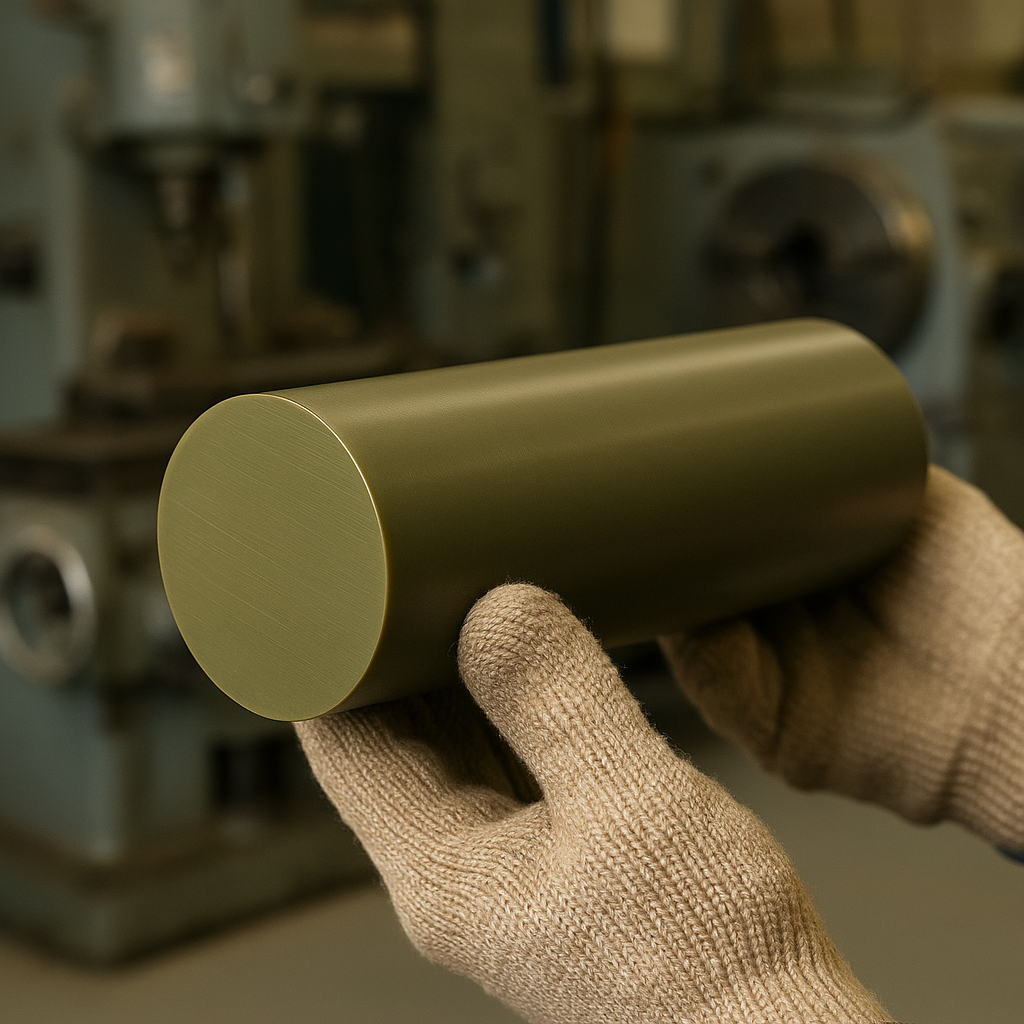 Gloved hand holding a short olive-green nylon rod with its machined end face toward the camera in a workshop