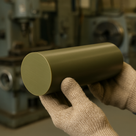 Gloved hand holding a short olive-green nylon rod with its machined end face toward the camera in a workshop