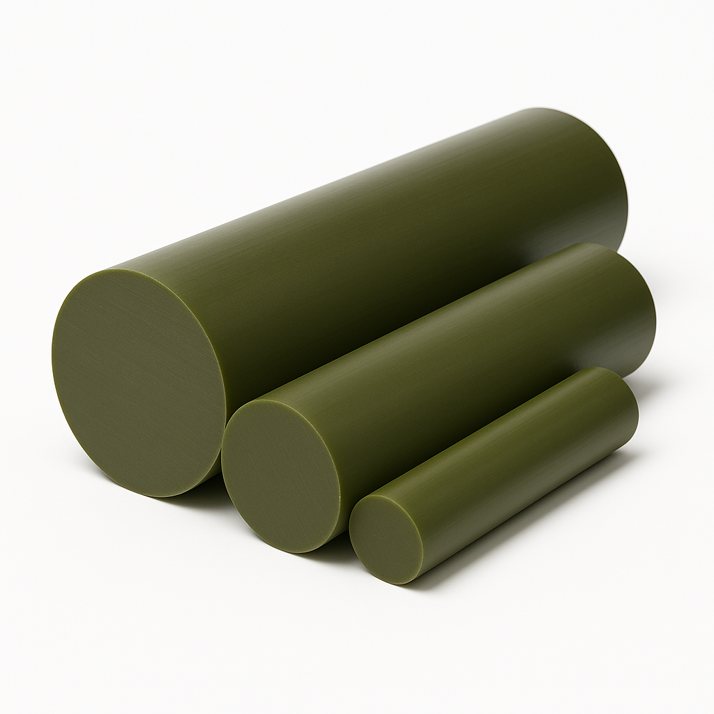 Three olive-green rods in stepped diameters stacked on a white background, cut ends facing left