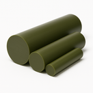 Trio of olive-green oil-filled nylon rods graded by size on white, dull sawn faces at the left