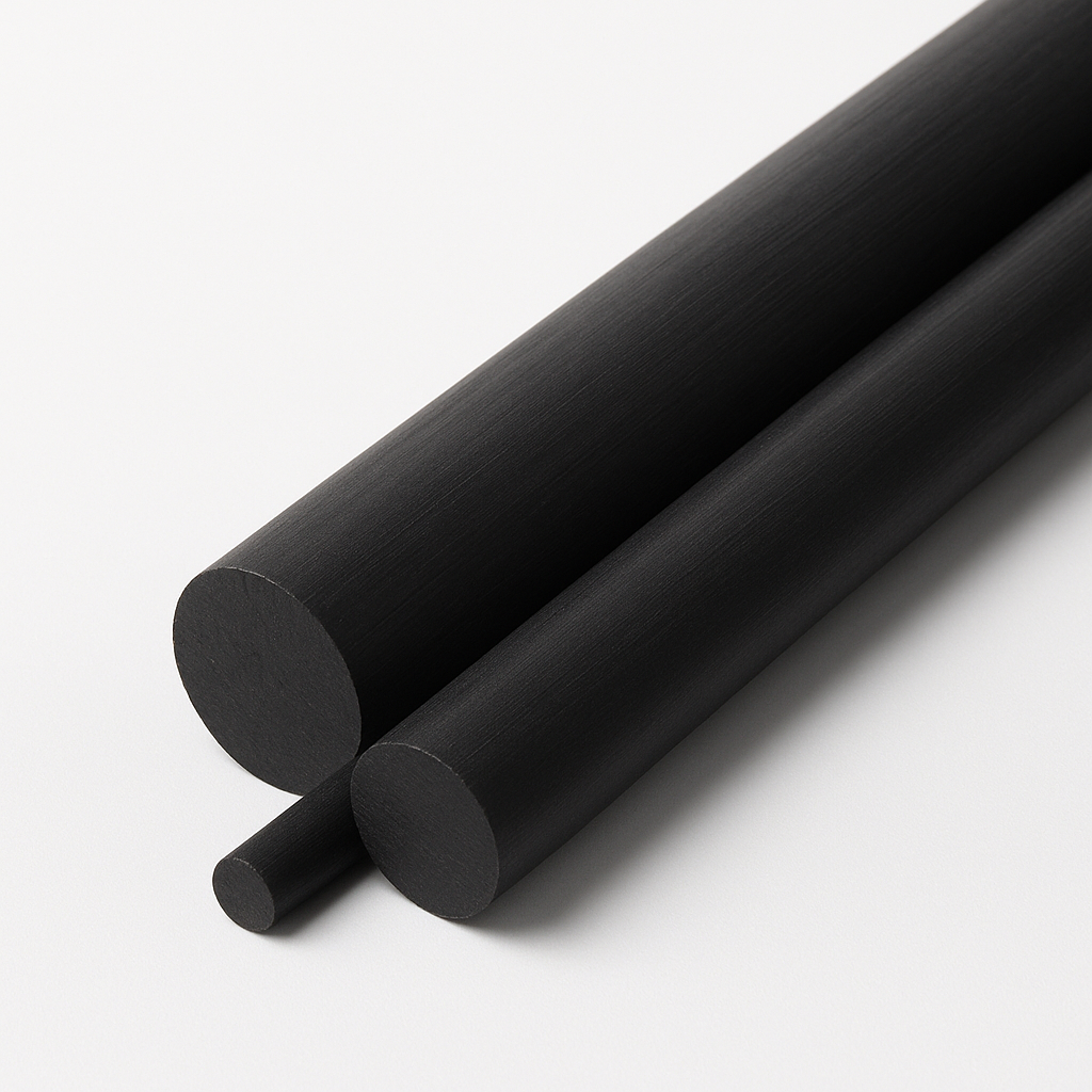 Two black rods with a much thinner rod alongside, cut ends forward on a white studio background