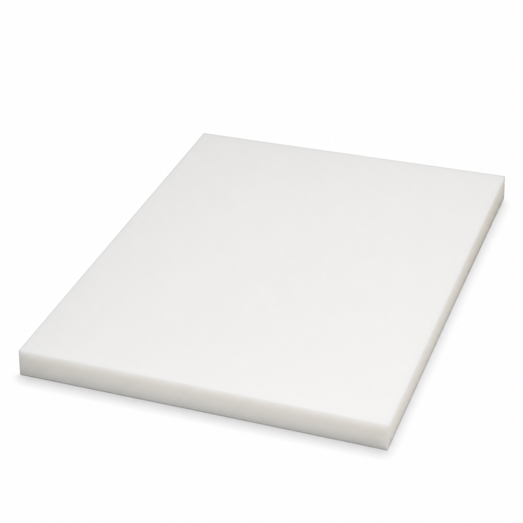 Heavy natural-white acetal slab set at an angle on white, its deep sawn sides clearly in view