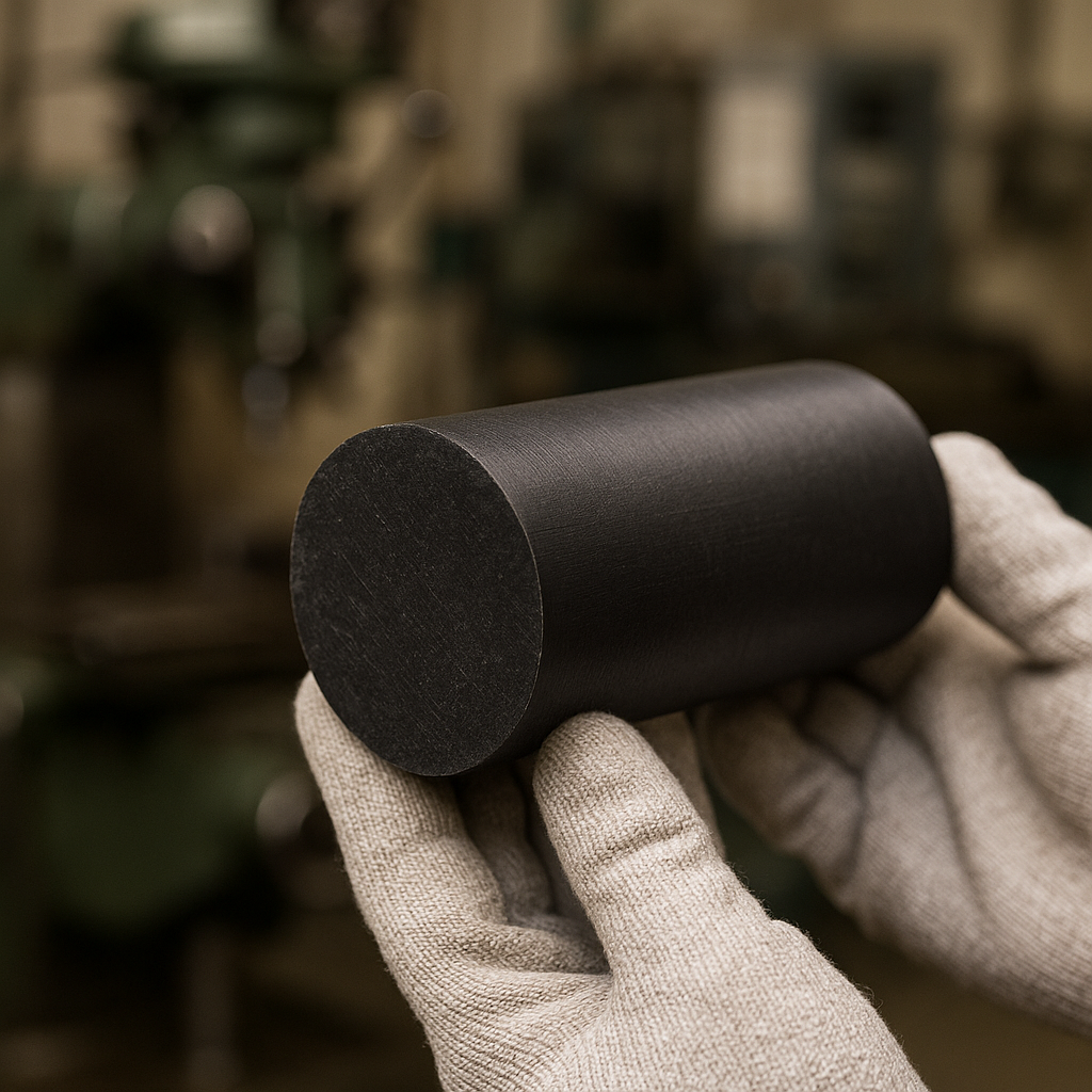 Gloved hands cradling a stout matt black nylon rod, flat cut end toward the camera, machine shop behind