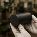 Gloved hands cradling a stout matt black nylon rod, flat cut end toward the camera, machine shop behind