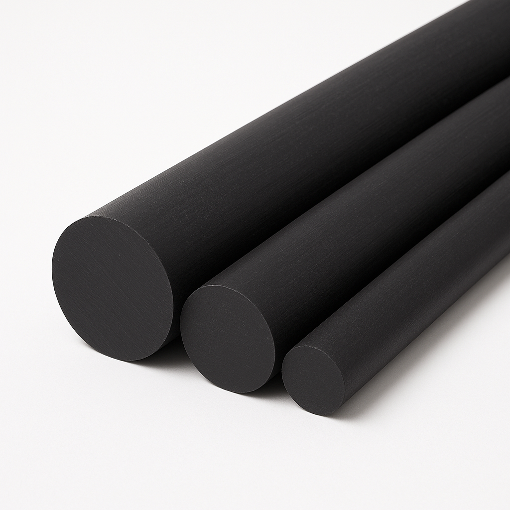 Three thick black rods lying side by side on white, cut ends to the left, receding into the frame