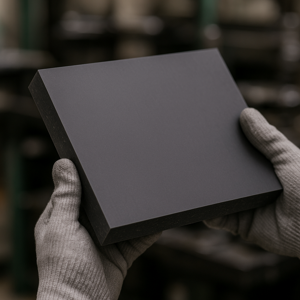 Cream-gloved hands holding a thick charcoal-black nylon slab at an angle in a blurred workshop