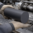 Leather-gloved hands holding a matt charcoal nylon billet, workshop machinery blurred behind